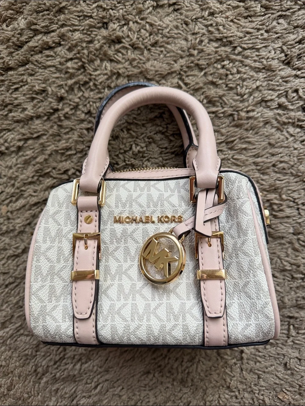 Michael Kors Pink and White Signature Logo Satchel with Gold Hardware